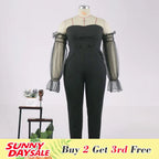 Off Shoulder Backless Mesh Patchwork Jumpsuit Woman