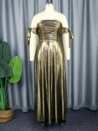 Off Shoulder Gold Maxi Dress