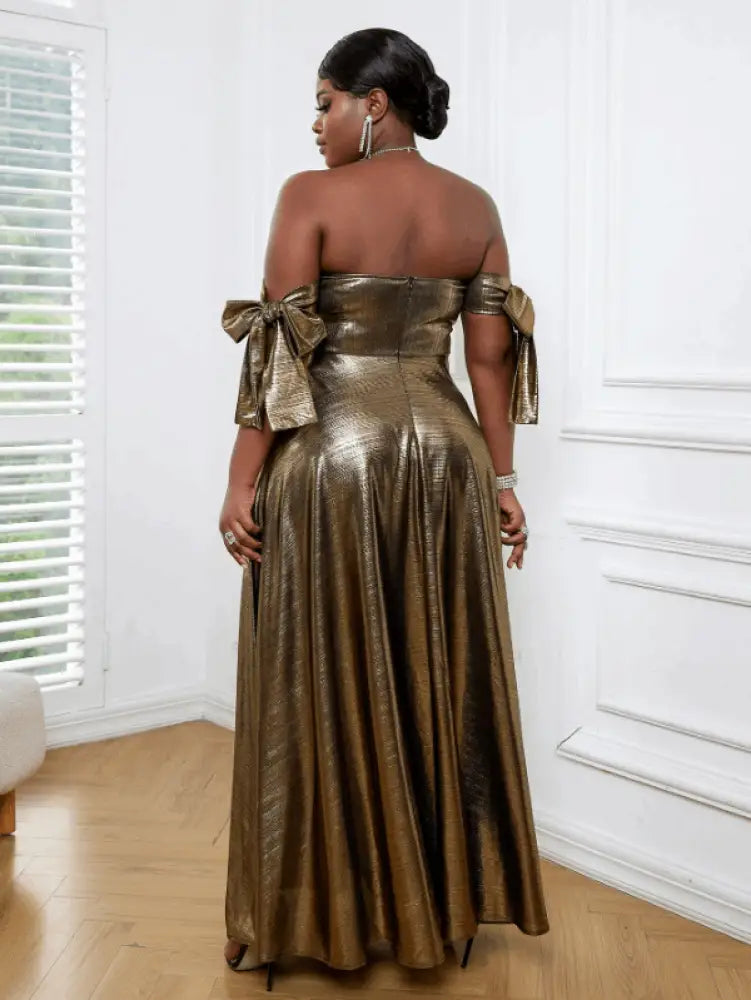 Off Shoulder Gold Maxi Dress