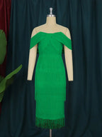 Off Shoulder Green Fringe Christmas Dress