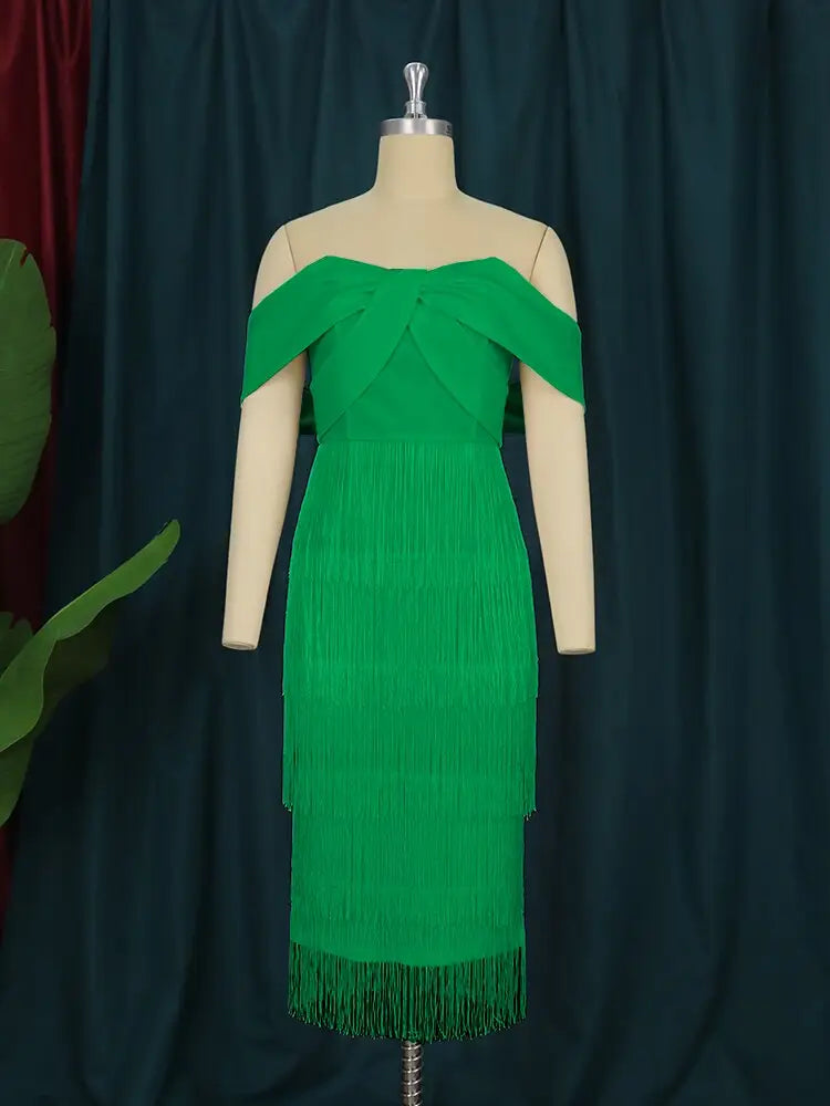 Off Shoulder Green Fringe Christmas Dress