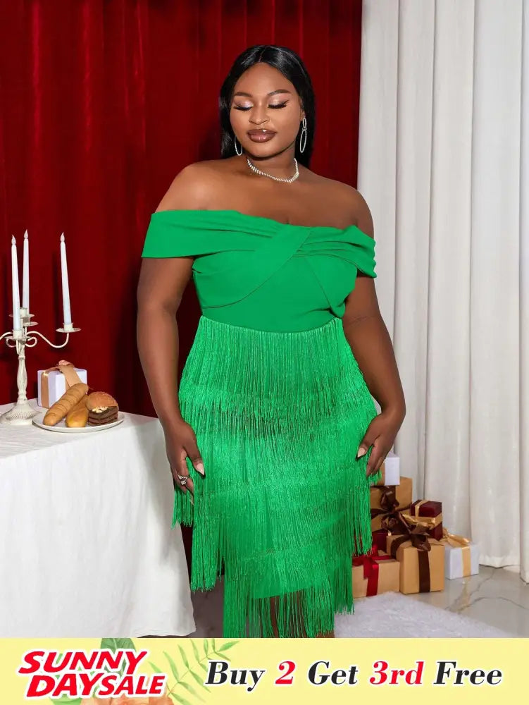 Off Shoulder Green Fringe Christmas Dress