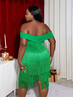 Off Shoulder Green Fringe Christmas Dress