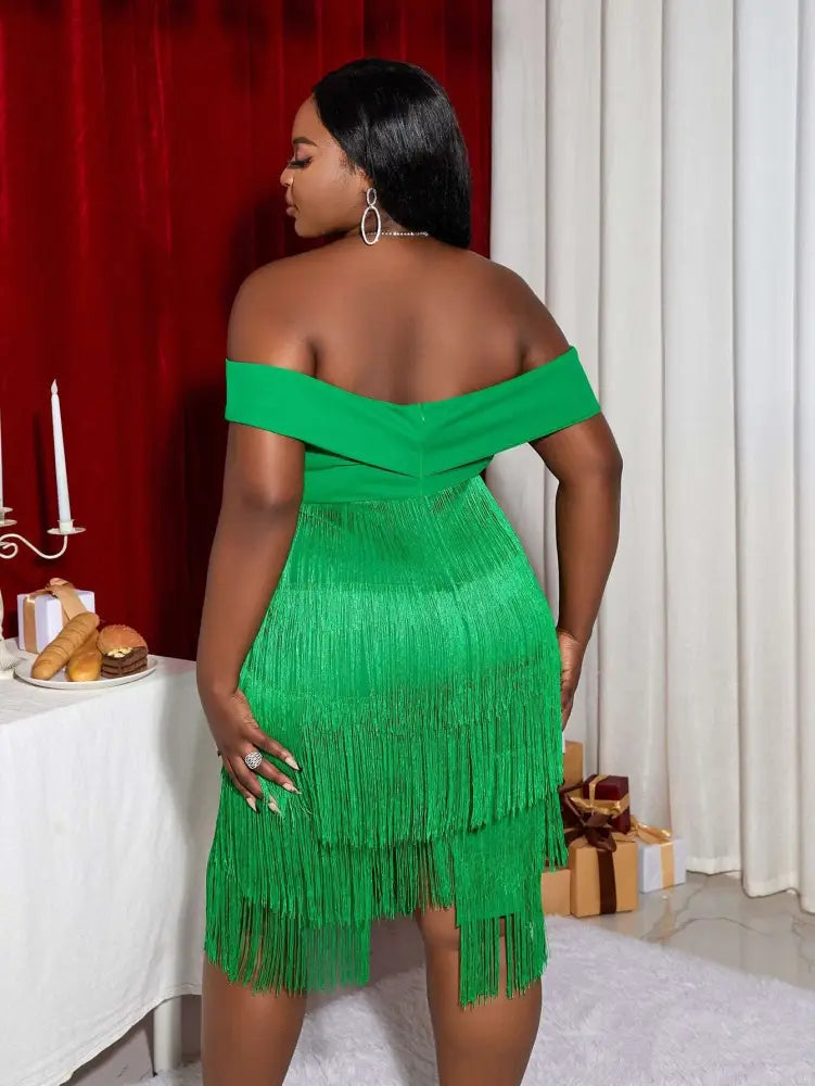 Off Shoulder Green Fringe Christmas Dress