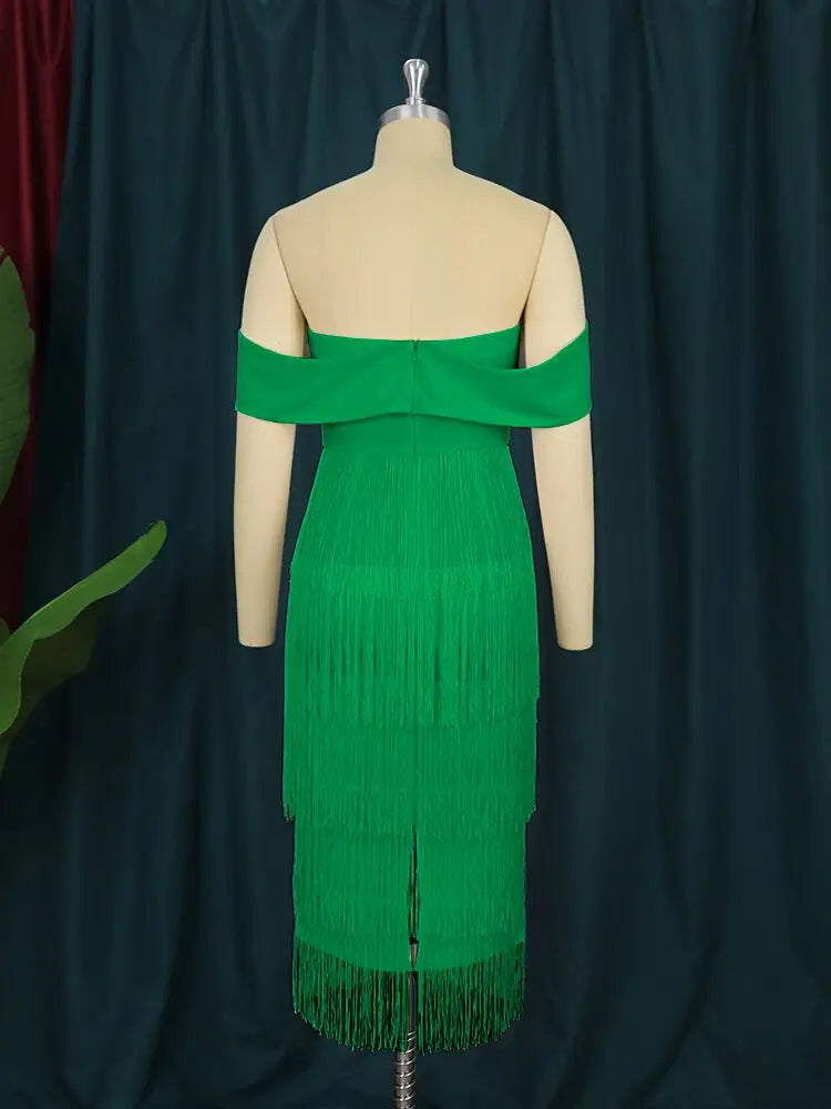 Off Shoulder Green Fringe Christmas Dress