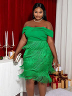 Off Shoulder Green Fringe Christmas Dress