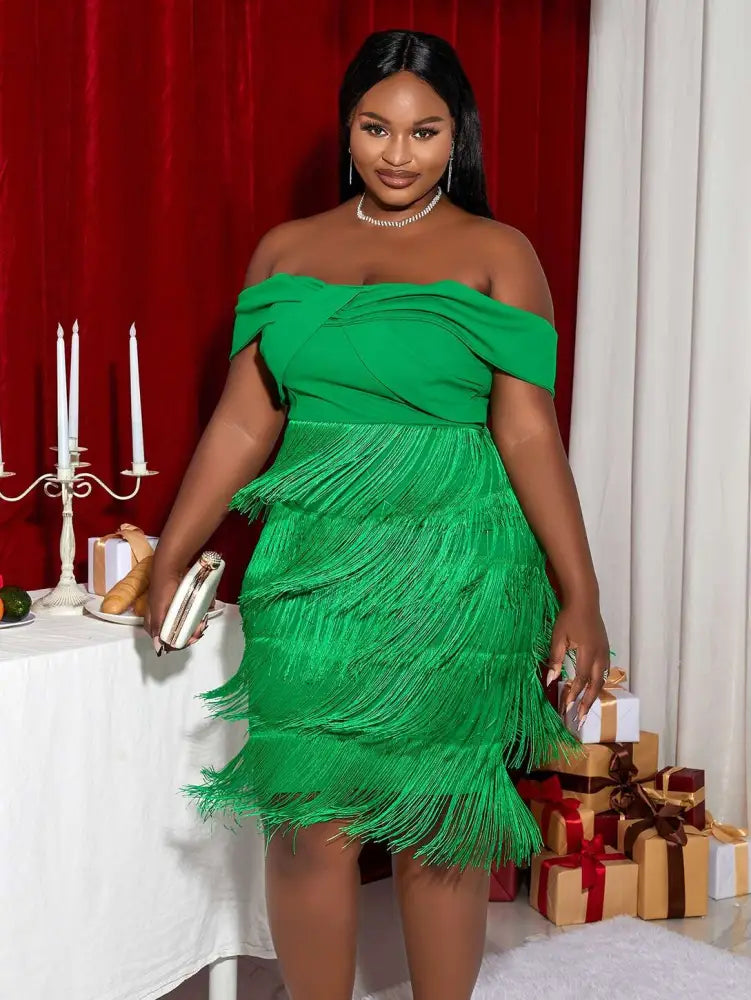 Off Shoulder Green Fringe Christmas Dress