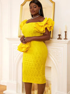 Off Shoulder Ruffles Patchwork Dresses Fashion Bodycon Lace Midi Yellow