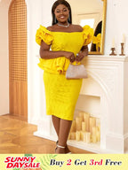 Off Shoulder Ruffles Patchwork Dresses Fashion Bodycon Lace Midi Yellow