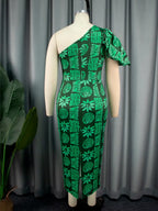 One Shoulder Green African Printed Dresses Midi