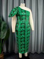 One Shoulder Green African Printed Dresses Midi