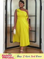 One Shoulder Light Green Pleated Dresses Midi