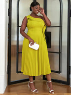 One Shoulder Light Green Pleated Dresses Midi