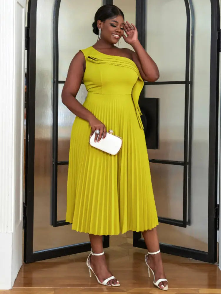 One Shoulder Light Green Pleated Dresses Midi