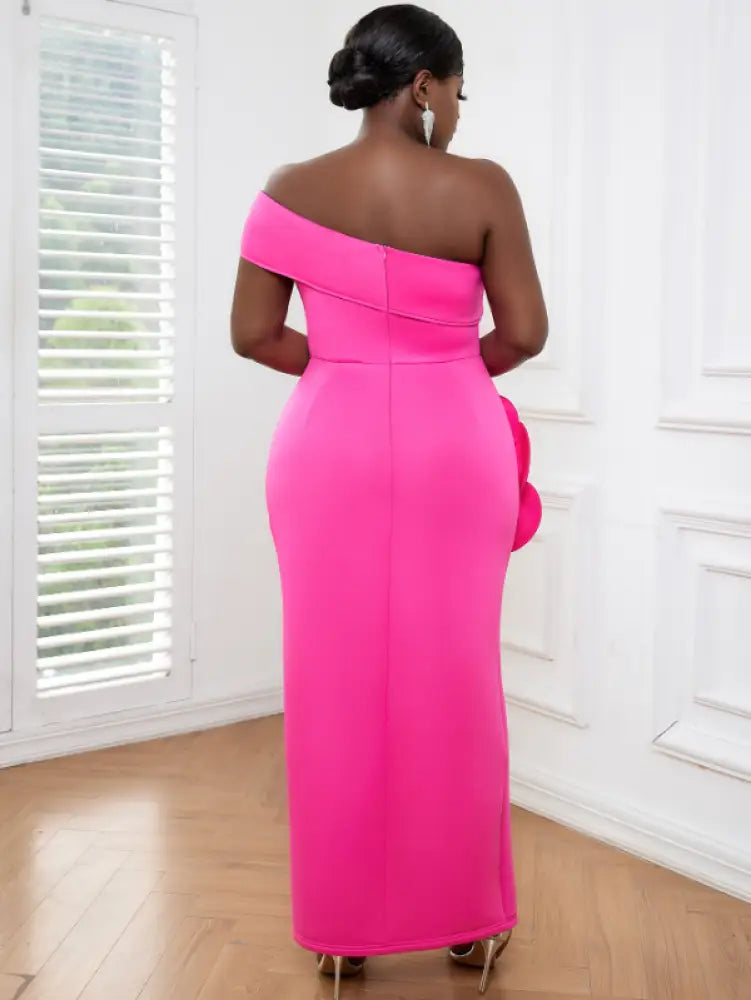 One Shoulder Rose 3D Floral Evening Gown Maxi