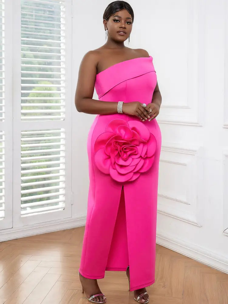 One Shoulder Rose 3D Floral Evening Gown Maxi