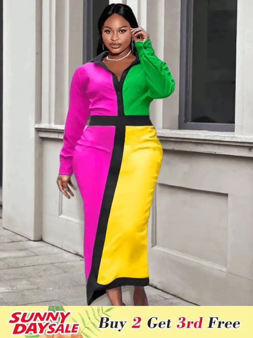 Aomei  Patchwork Long Dress For Office Ladies