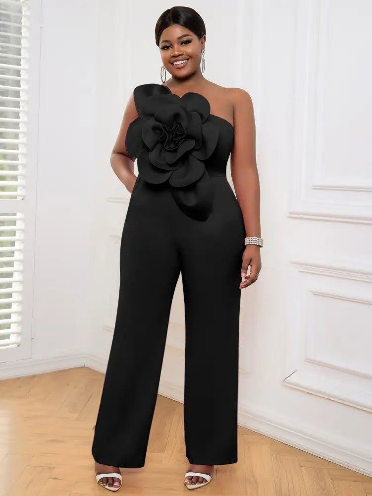 Plus Size 3D Flower Jumpsuit One Shoulder