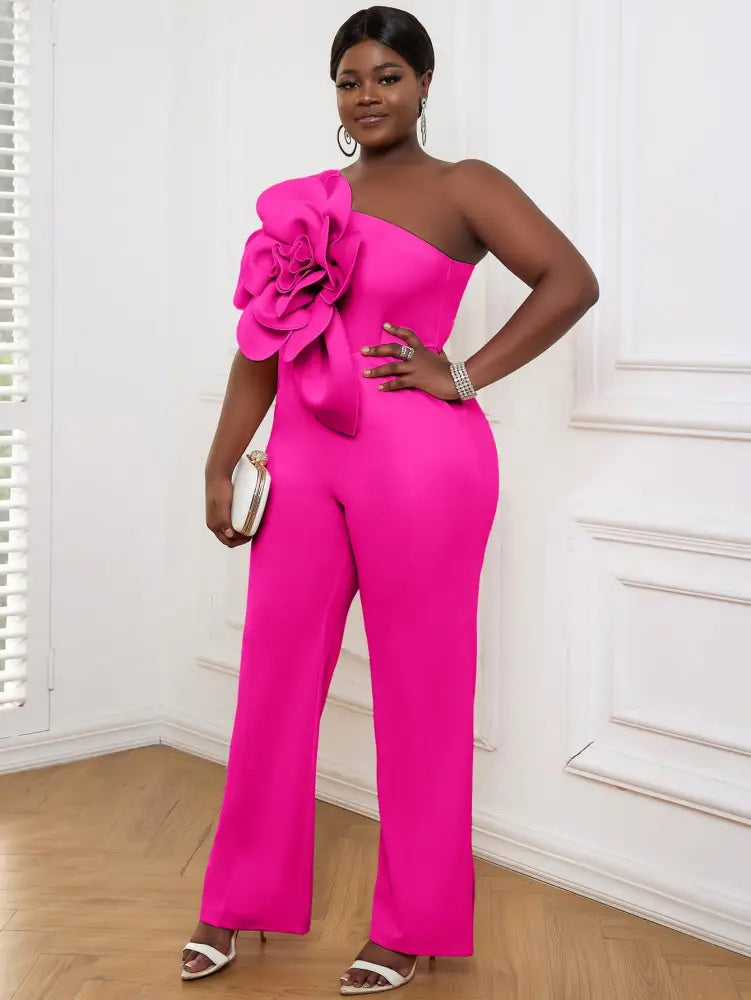Plus Size 3D Flower Jumpsuit One Shoulder