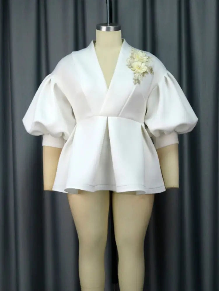 Plus Size V Neck Lace Flower Tops Half Lantern Sleeve