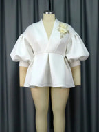 Plus Size V Neck Lace Flower Tops Half Lantern Sleeve