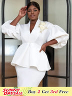 Plus Size V Neck Lace Flower Tops Half Lantern Sleeve