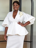 Plus Size V Neck Lace Flower Tops Half Lantern Sleeve
