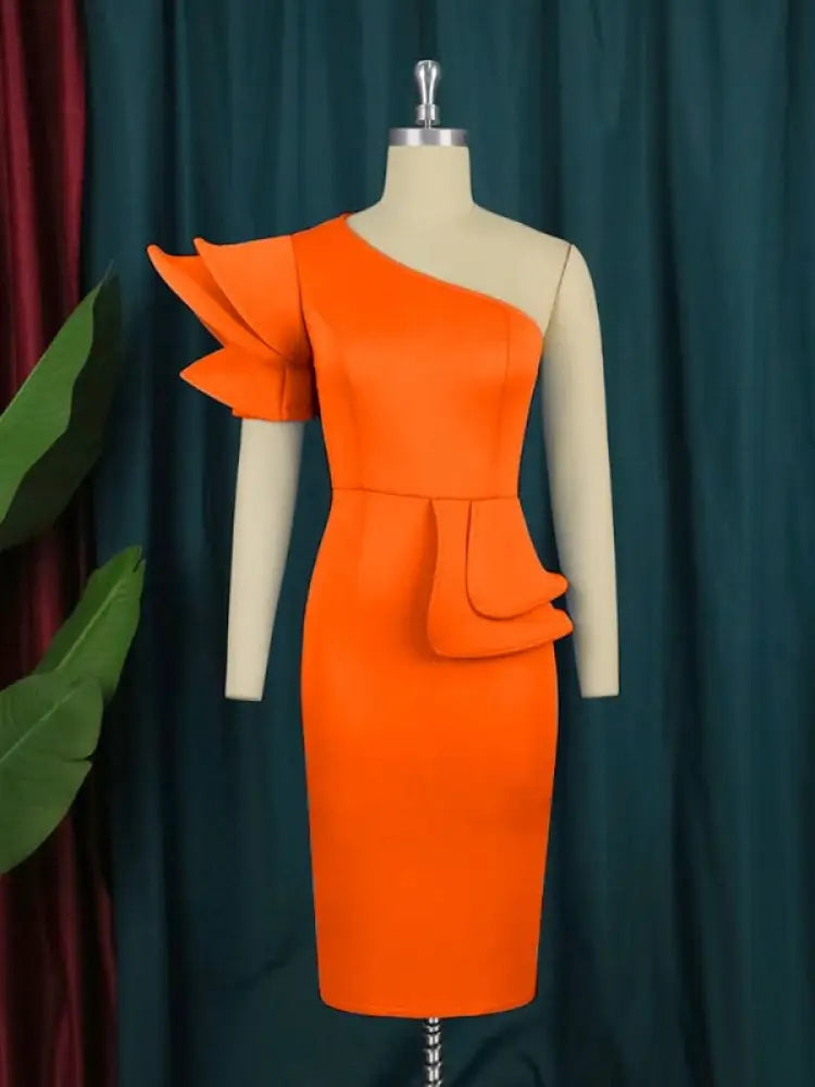Plus Size Women One Shoulder Ruffles Dress Midi