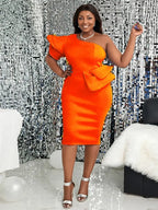 Plus Size Women One Shoulder Ruffles Dress Midi