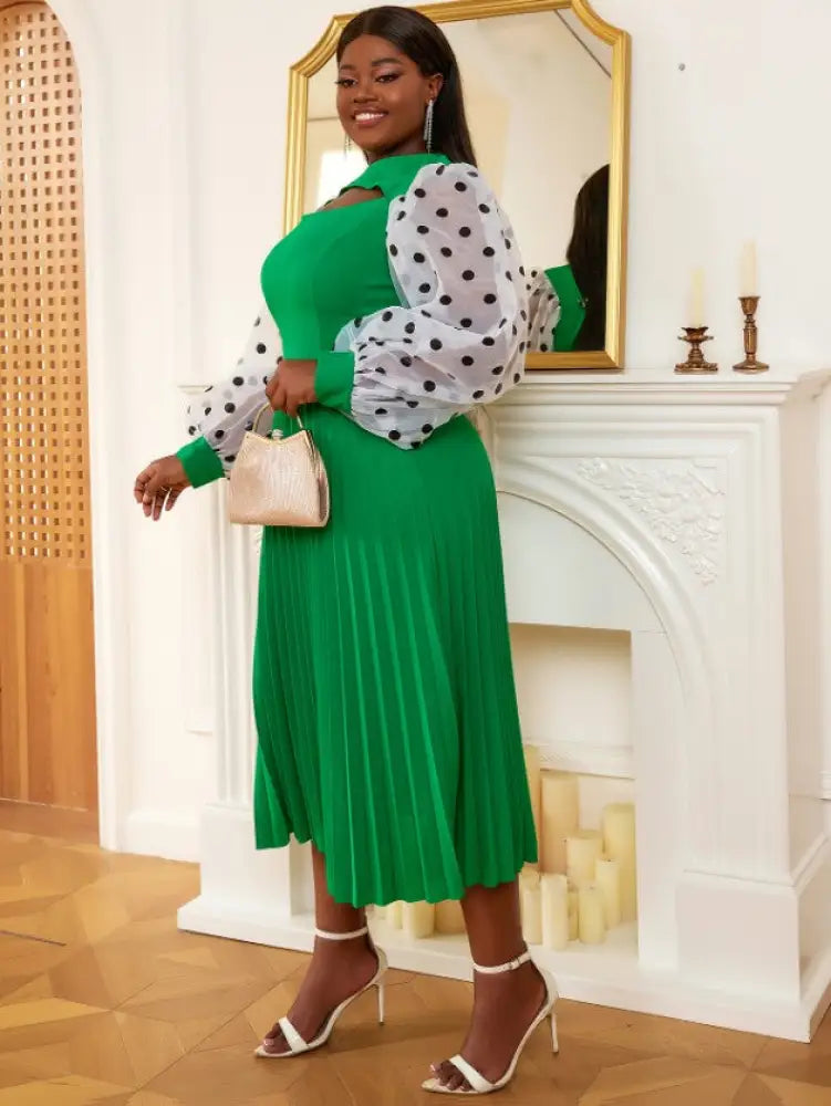 Polka Dot Cut Out A Line Pleated Dress Midi
