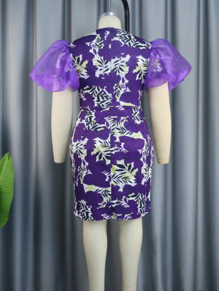 Print Cut Out Mini Dress Puff Sleeve