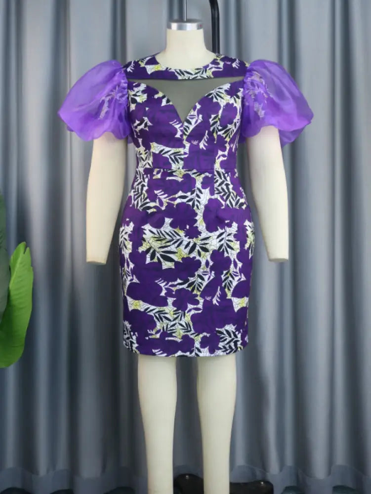 Print Cut Out Mini Dress Puff Sleeve