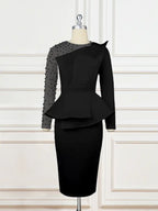 Sexy Long Sleeve Bead Mesh Patchwork Dress