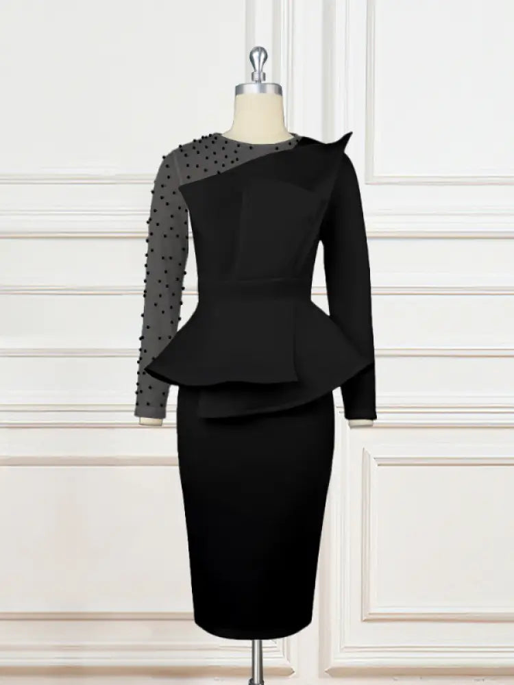 Sexy Long Sleeve Bead Mesh Patchwork Dress