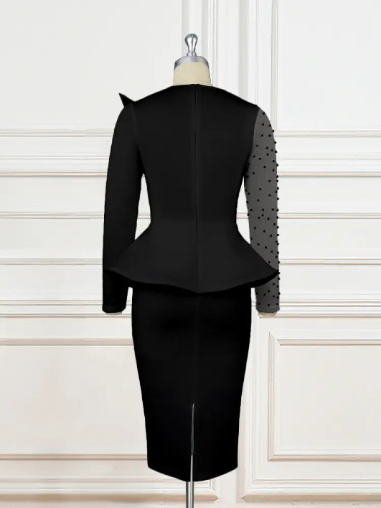 Sexy Long Sleeve Bead Mesh Patchwork Dress