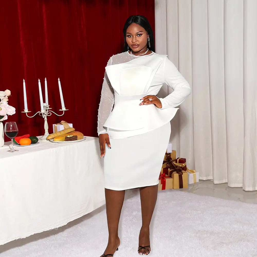 Sexy Long Sleeve Bead Mesh Patchwork Dress