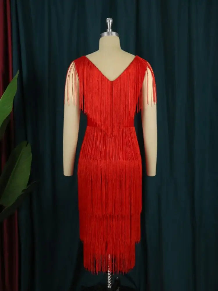 Sexy V Neck Sleeveless Fringe Dress Mini