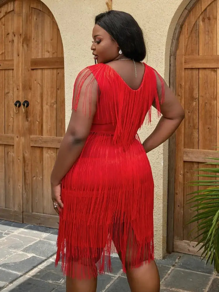 Sexy V Neck Sleeveless Fringe Dress Mini