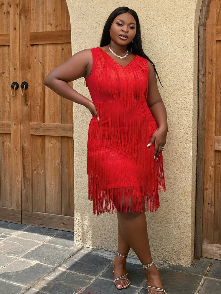 Sexy V Neck Sleeveless Fringe Dress Mini