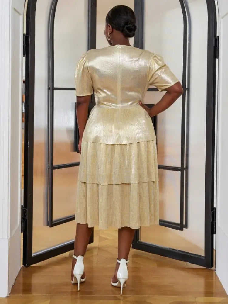 Shiny Deep V Neck Pleated Dresses Midi