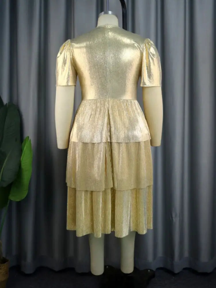 Shiny Deep V Neck Pleated Dresses Midi