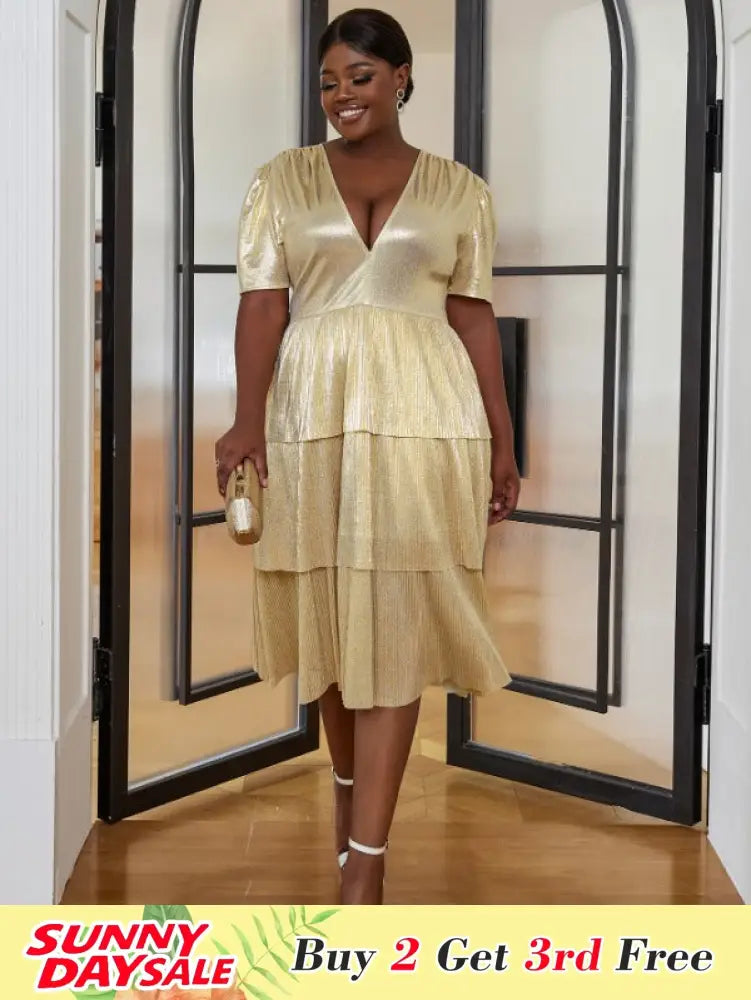 Shiny Deep V Neck Pleated Dresses Midi