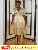 Shiny Deep V Neck Pleated Dresses Midi