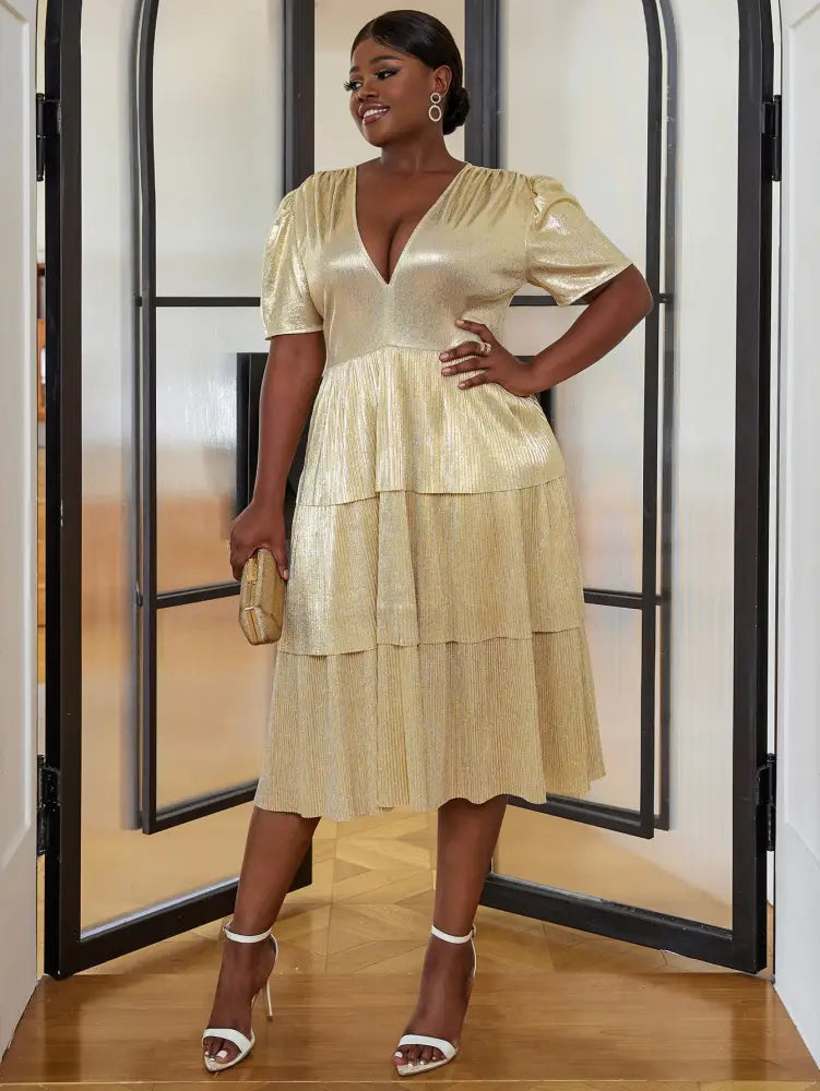 Shiny Deep V Neck Pleated Dresses Midi
