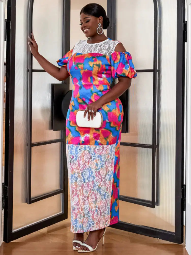Short Puff Sleeve Printed Lace Patchwork Dresses Maxi