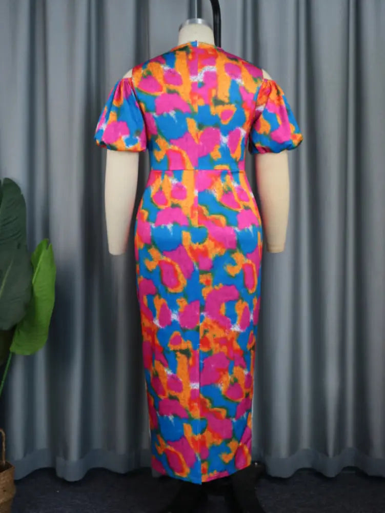 Short Puff Sleeve Printed Lace Patchwork Dresses Maxi