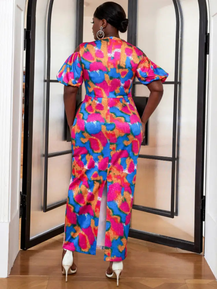 Short Puff Sleeve Printed Lace Patchwork Dresses Maxi