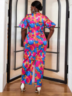 Short Puff Sleeve Printed Lace Patchwork Dresses Maxi