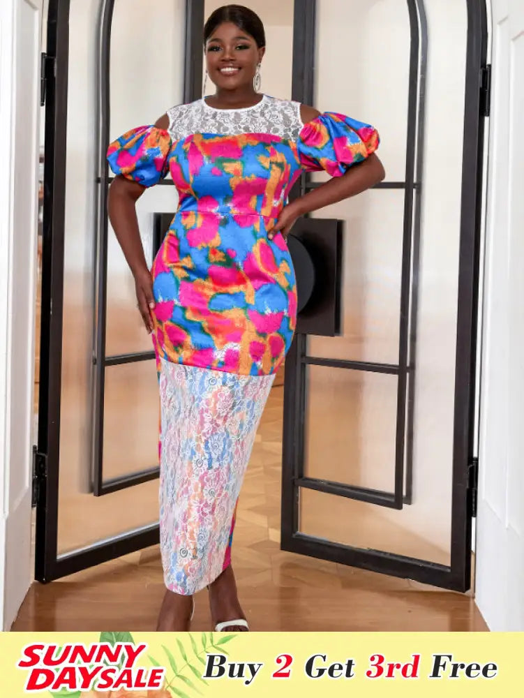 Short Puff Sleeve Printed Lace Patchwork Dresses Maxi