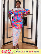 Short Puff Sleeve Printed Lace Patchwork Dresses Maxi